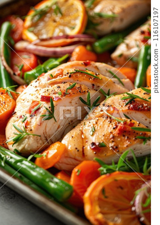 Healthy Grilled Chicken Breast with Fresh Vegetables on Modern Plate 116107197