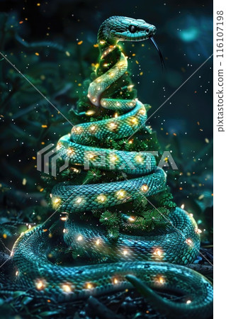 Mesmerizing Serpent Wrapped in Twinkling Lights Against a Bokeh Background 116107198