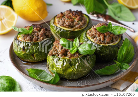Colorful and appetizing stuffed zucchini rounds on a ceramic plate 116107200