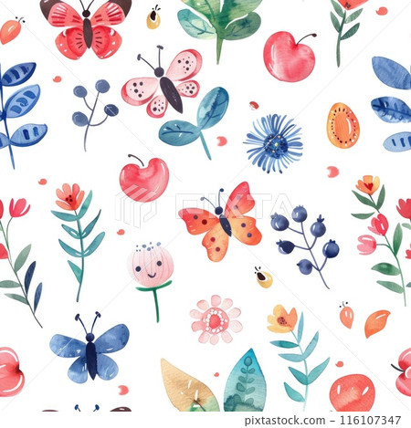 A seamless pattern of watercolor butterflies, flowers, and leaves 116107347