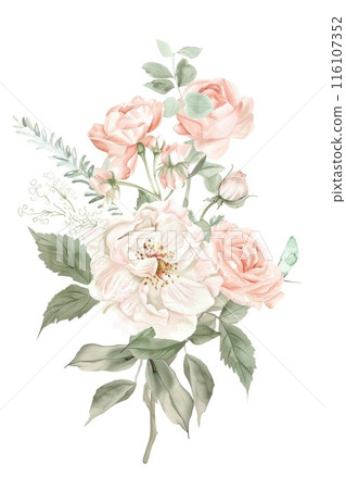 A delicate watercolor painting depicts a bouquet of assorted flowers A delicate watercolor painting depicts a bouquet of assorted flowers 116107352