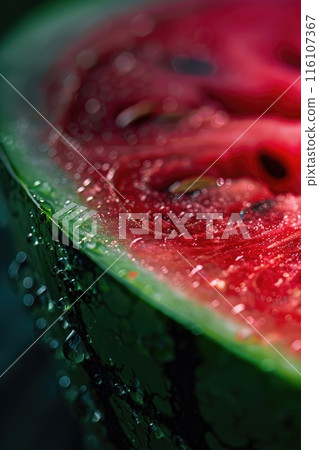 Vibrant Watermelon Slice Close-up with Glistening Juice Droplets 116107367