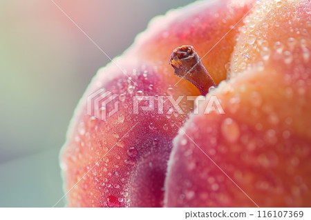 Vivid Close-up of Dew-Kissed Apple with Fresh Morning Water Droplets Vivid Close-up of Dew-Kissed Apple with Fresh Morning Water Droplets 116107369