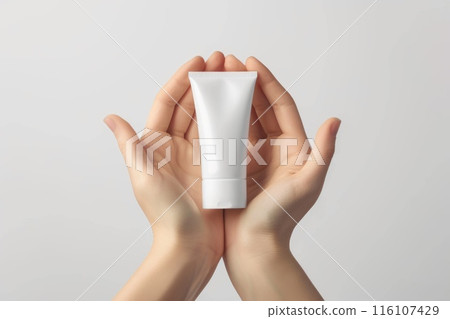 Hand-Holding Blank Skincare Tube on Minimalist Background Hand-Holding Blank Skincare Tube on Minimalist Background 116107429