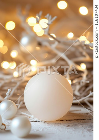 Festive White Christmas Ornament with Sparkling Lights Bokeh Background Festive White Christmas Ornament with Sparkling Lights Bokeh Background 116107434