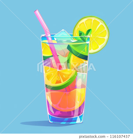 A whimsical and vibrant citrus cocktail, complete with a pink straw 116107437