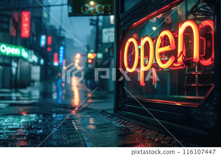 Neon 'Open' Sign Illuminating Rainy City Street at Night 116107447