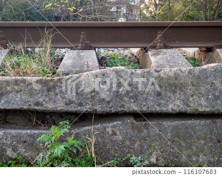 concrete sleepers.railway and forest belt. Railway in the city. concrete sleepers.railway and forest belt. Railway in the city. 116107683