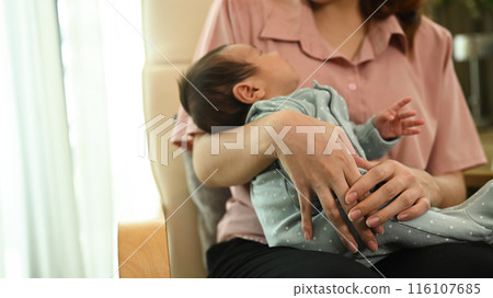 Caring young mother sitting on cozy armchair with her adorable infant in arms. Childcare and motherhood concept Caring young mother sitting on cozy armchair with her adorable infant in arms. Childcare and motherhood concept 116107685