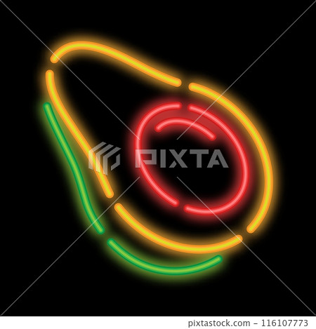 Neon glowing avocado fruit cut in half with seed in middle Neon glowing avocado fruit cut in half with seed in middle 116107773