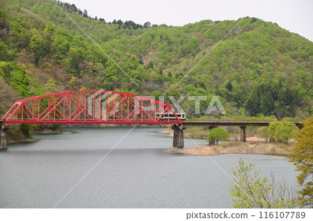 A red iron bridge over Lake Kinshu 116107789