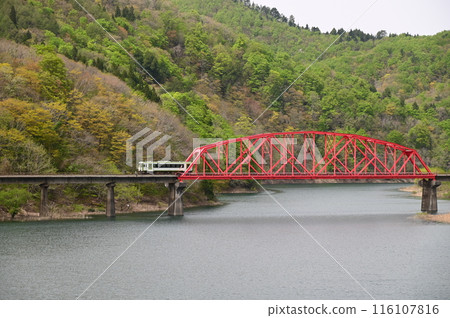 A red iron bridge over Lake Kinshu 116107816