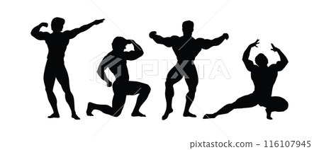 Muscular bodybuilder set vector silhouette illustration isolated on white background. Sport man strong arms. 116107945