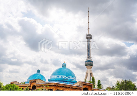 TV tower and domes of the Museum of memory of victims of political repression in Tashkent in Uzbekistan 116108004