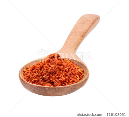 pile of red pepper in wood spoon on white background pile of red pepper in wood spoon on white background 116108061