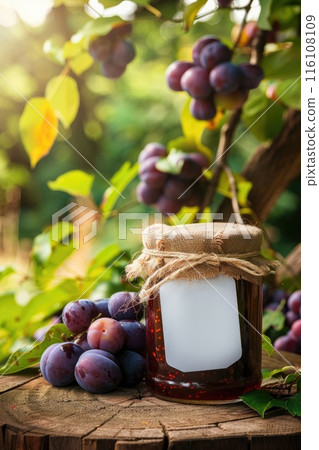 Homemade Plum Jam in Glass Jar Amidst Orchard Sunlight 116108109