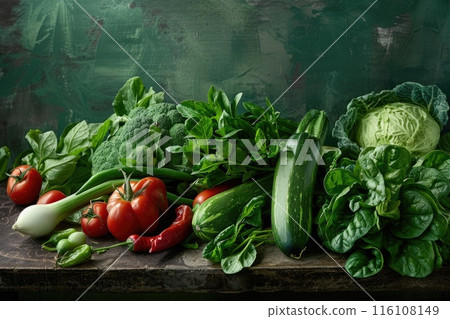 Fresh, Organic Vegetables on Rustic Wooden Table - Healthy Eating Concept Fresh, Organic Vegetables on Rustic Wooden Table - Healthy Eating Concept 116108149