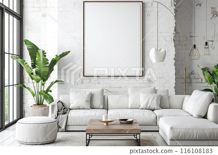 Modern Living Room Interior with Blank Poster Frame on Concrete Wall Modern Living Room Interior with Blank Poster Frame on Concrete Wall 116108183