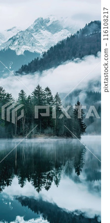 Misty Forest Reflection in Serene Mountain Lake 116108217