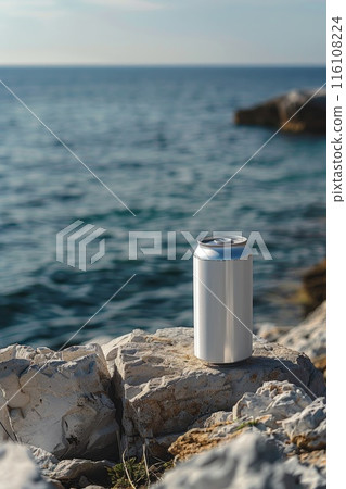 Blank Aluminum Can on Rocky Shore Overlooking Ocean 116108224