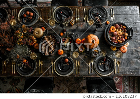 Elegant Autumn Dinner Table Setting with Pumpkins and Leaves Elegant Autumn Dinner Table Setting with Pumpkins and Leaves 116108237