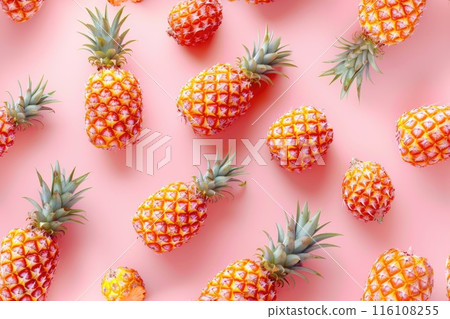 Fresh Pineapples on a Bright Pink Background Fresh Pineapples on a Bright Pink Background 116108255