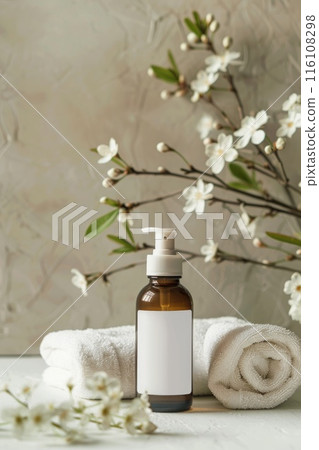 Serene Spa Essence: Bottle with Organic Lotion, Fresh Blossoms, and Plush Towel 116108298