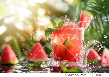 Refreshing Watermelon Cocktail Splash in Sunlit Garden 116108315