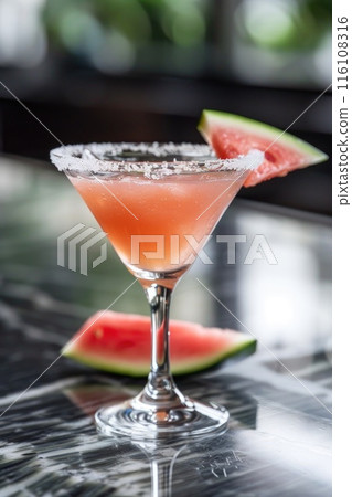 A refreshing watermelon cooler garnished with a juicy slice A refreshing watermelon cooler garnished with a juicy slice 116108316