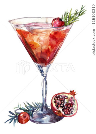 Watercolor Pomegranate Martini Glass Illustration Watercolor Pomegranate Martini Glass Illustration 116108319