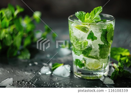 A refreshing mojito cocktail with crushed ice, garnished with abundant mint leaves 116108339