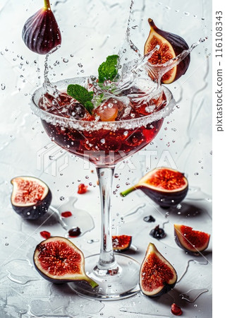 Refreshing Fig and Pomegranate Cocktail Splash on a Vibrant Background Refreshing Fig and Pomegranate Cocktail Splash on a Vibrant Background 116108343