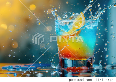 Vibrant Rainbow Cocktail with Dynamic Splash on Colorful Background 116108348