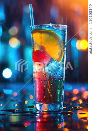 Colorful Cocktail with Orange Slice in Festive Bokeh Background 116108349