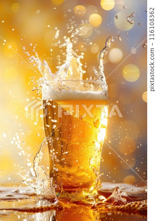 Refreshing Beer Splash in Glass on Dark Background with Bokeh Lights Refreshing Beer Splash in Glass on Dark Background with Bokeh Lights 116108362