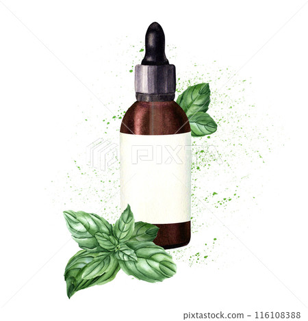 Composition with splashes, basil branch, brown glass bottle with dropper and label for essential, cosmetic oil. Hand drawn watercolor illustration isolated on white. For clip art template label 116108388