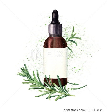 Composition with splashes, rosemary branch, brown glass bottle with dropper and label for essential, cosmetic oil. Hand drawn watercolor illustration isolated on white. For clip art template label 116108390