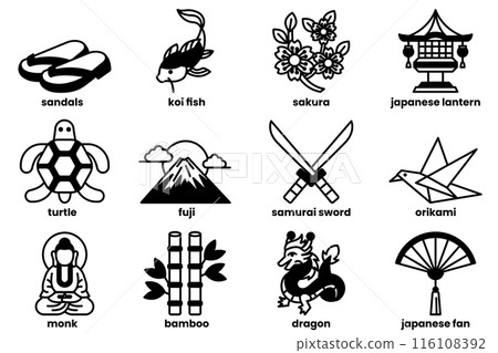 The image is a collection of various Asian symbols and objects 116108392