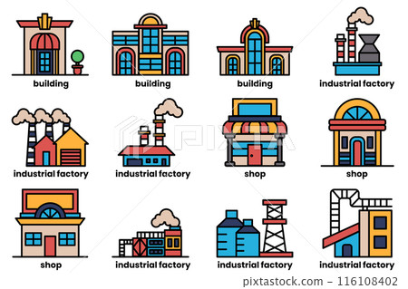 The image is a collection of different buildings, including a factory, a shop The image is a collection of different buildings, including a factory, a shop 116108402