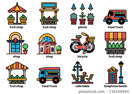 A series of black and white icons of various businesses, including a fruit shop A series of black and white icons of various businesses, including a fruit shop 116108404