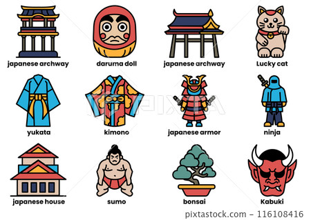 A collection of Japanese symbols and characters, including a lucky cat 116108416