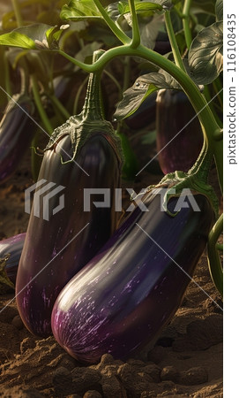 The plantation is filled with maturing eggplants, their glossy purple skins standing out among the lush, green foliage, indicating an abundant yield ready for harvest 116108435
