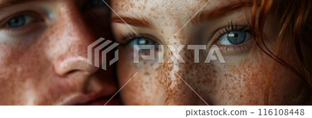 In a close-up shot, a freckled girl and a guy share a moment, their expressions and freckles vividly detailed, reflecting their bond and individuality, banner 116108448