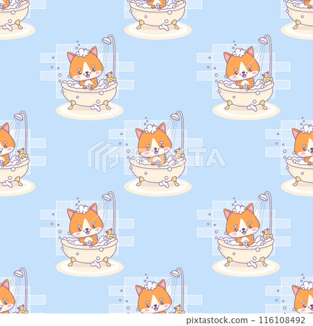 Seamless pattern with cute cat bathes in bubble bath on blue background. Funny kawaii animal. Vector illustration. Kids collection. 116108492