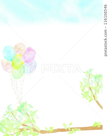 藍天的快樂框架和綁在樹枝上的一堆彩色氣球。水彩插圖。 116108546