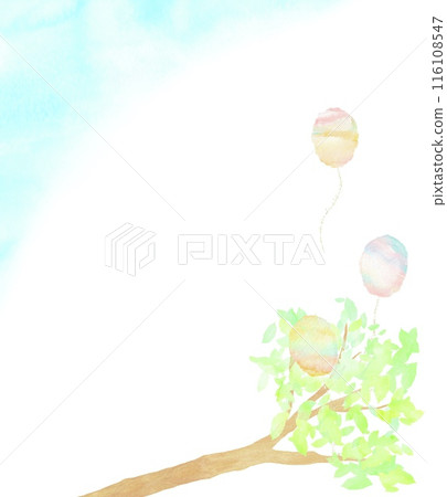 慶祝框架描繪了掛在樹枝上的氣球飛向藍天的情景。水彩插圖。 116108547