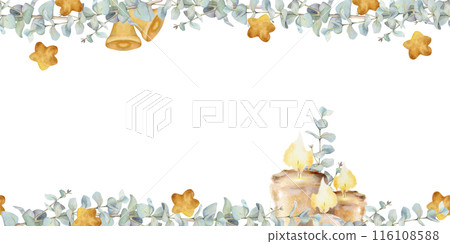 Candle, eucalyptus laurel branches leaves, gold star baubles. Watercolor hand drawn illustration, seamless banner isolated on white. Xmas, happy new year festive navidad. Cards, gifts, florist shop. 116108588