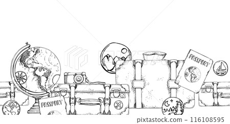 Vintage retro luggage, baggage suitcases stickers, old camera, globe passport id document wallet. Vector ink hand drawn art. Isolated seamless banner. Design tourism, travel brochure, wedding guide. 116108595