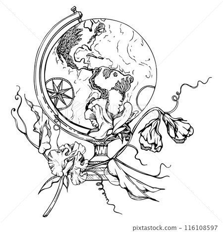 Navigation old vintage globe, Americas view, with everlasting sweet pea vetch flower branch leaves. Vector ink hand drawn illustration. Design for tourism, travel, school, wedding, guide, tattoo. Navigation old vintage globe, Americas view, with everlasting sweet pea vetch flower branch leaves. Vector ink hand drawn illustration. Design for tourism, travel, school, wedding, guide, tattoo. 116108597