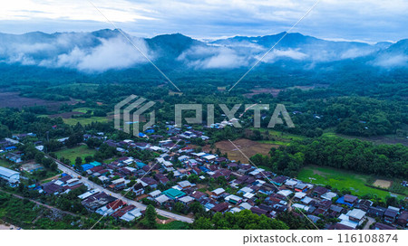 Aerial view of Chiang Khan old village landscape in the morning during the rainy season, a village along the Mekong River in Loei Province, Thailand. 116108874